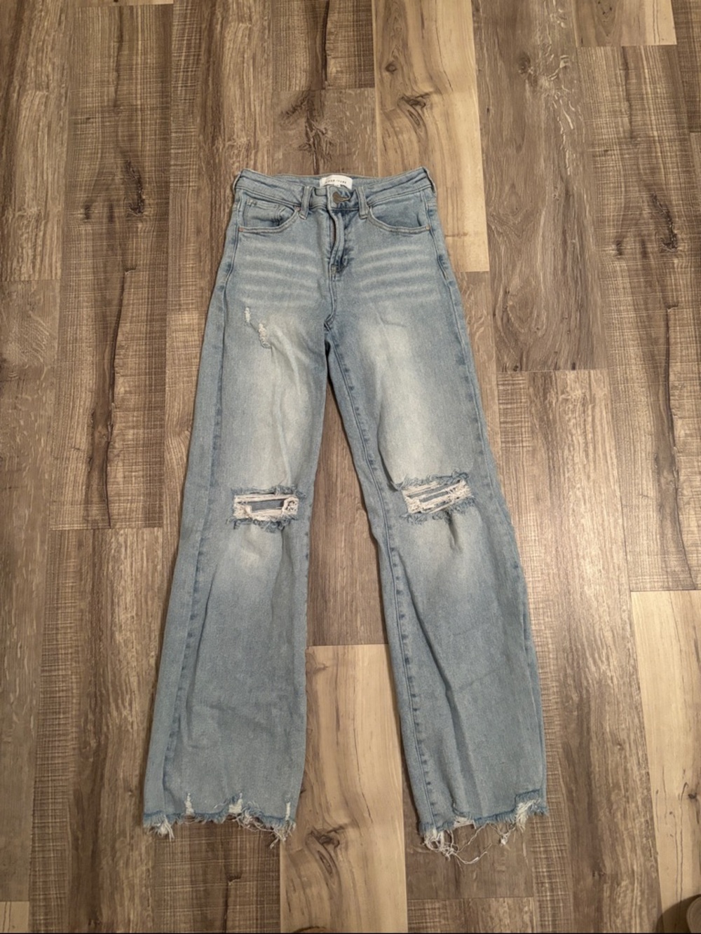 Risen Light Blue High-Rise Wide Leg Distressed Jeans